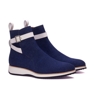 Ambrogio Bespoke Men's Handmade Custom Shoes Navy & White Jeans / Calf-Skin Leather Jodhpur Boots (AMB1362)-AmbrogioShoes