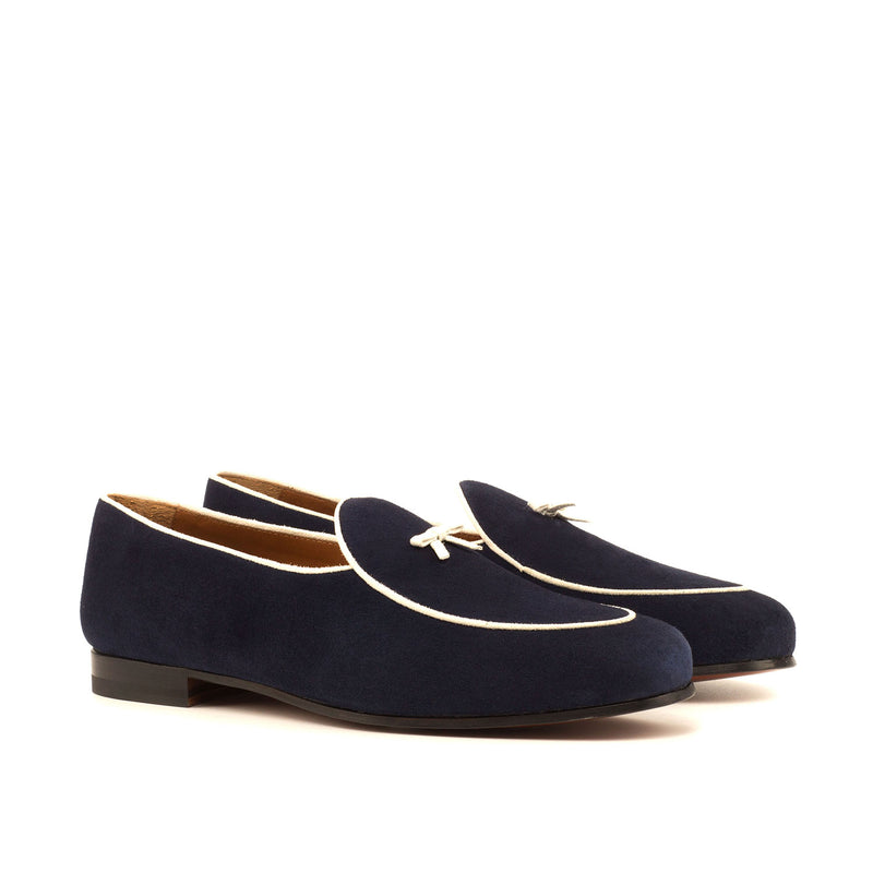 Ambrogio 4284 Bespoke Custom Men's Shoes Navy & White Suede Leather Belgian Loafers (AMB1766)-AmbrogioShoes