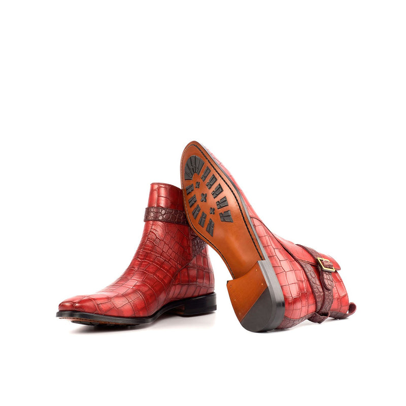 Ambrogio 4493 Bespoke Custom Men's Shoes Red & Burgundy Crocodile Print / Calf-Skin Leather Jodhpur Boots (AMB1706)-AmbrogioShoes