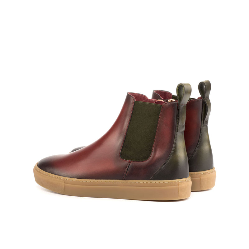 Ambrogio 4500 Bespoke Custom Men's Shoes Red & Olive Calf-Skin Leather Chelsea Sneakers (AMB1847)-AmbrogioShoes