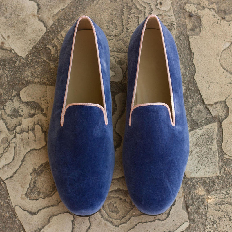 Ambrogio 2124 Bespoke Custom Men's Shoes Royal Blue & Pink Fabric / Velvet Wellington Slip-on Loafers (AMB1701)-AmbrogioShoes
