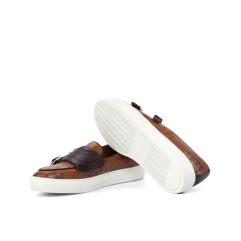 Ambrogio 4425 Bespoke Custom Men's Shoes Three Tone Exotic Ostrich-Skin / Calf-Skin Leather Monk-Straps Sneakers (AMB1703)-AmbrogioShoes