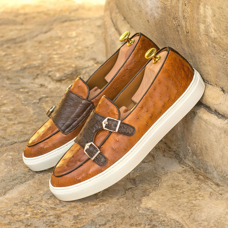 Ambrogio 4425 Bespoke Custom Men's Shoes Three Tone Exotic Ostrich-Skin / Calf-Skin Leather Monk-Straps Sneakers (AMB1703)-AmbrogioShoes