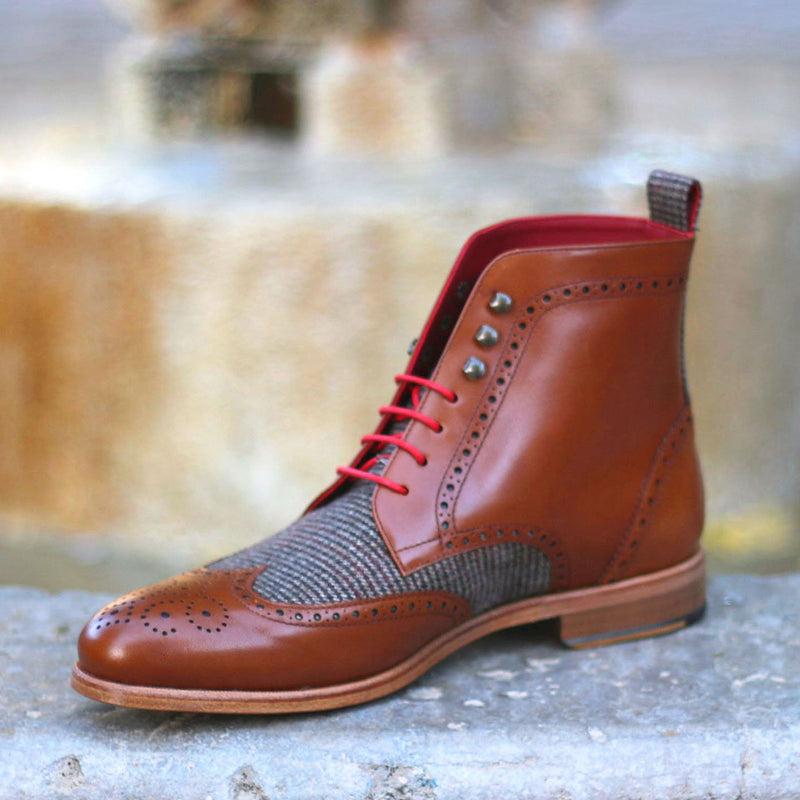 Ambrogio 1514 Bespoke Custom Men's Shoes Three Tone Fabric / Calf-Skin Leather Military Brogue Boots (AMB1714)-AmbrogioShoes