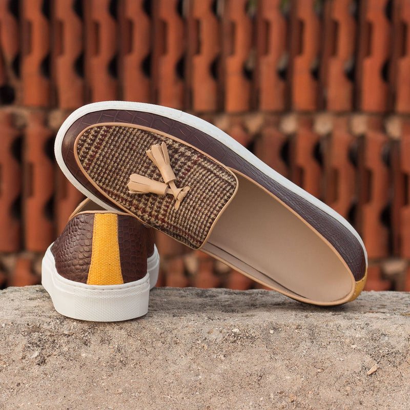 Ambrogio 3164 Bespoke Custom Men's Shoes Three Tone Fabric / Linen / Crocodile Print Leather Casual Sneakers (AMB1483)-AmbrogioShoes