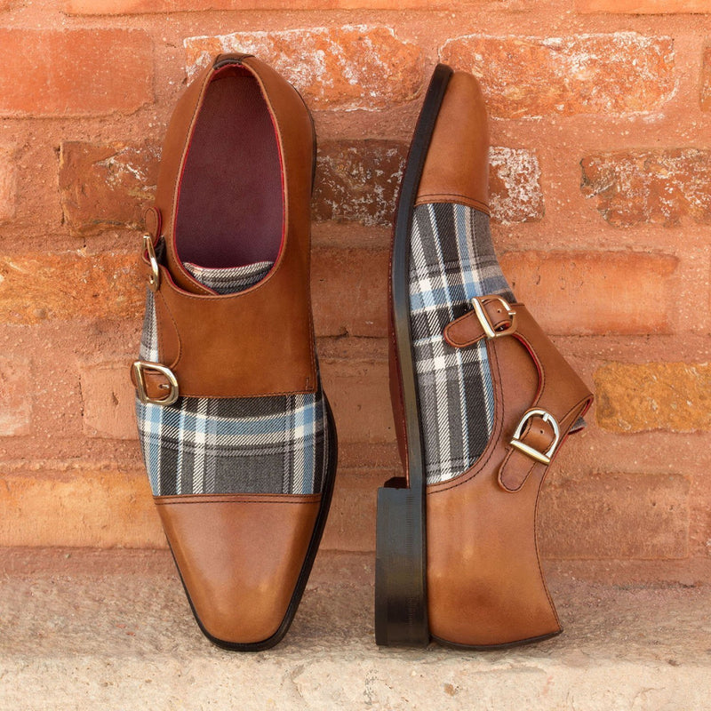 Ambrogio 2383 Bespoke Custom Men's Shoes Three Tone Plaid Sartorial/ Calf-Skin Leather Monk-Straps Loafers (AMB1346)-AmbrogioShoes