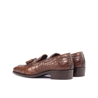 Ambrogio 4604 Bespoke Custom Men's Shoes Two-Tone Brown Crocodile Print / Calf-Skin Leather Tassels Loafers (AMB1810)-AmbrogioShoes