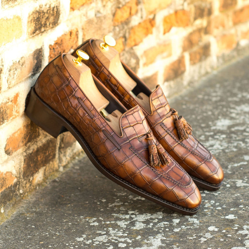 Ambrogio 4604 Bespoke Custom Men's Shoes Two-Tone Brown Crocodile Print / Calf-Skin Leather Tassels Loafers (AMB1810)-AmbrogioShoes