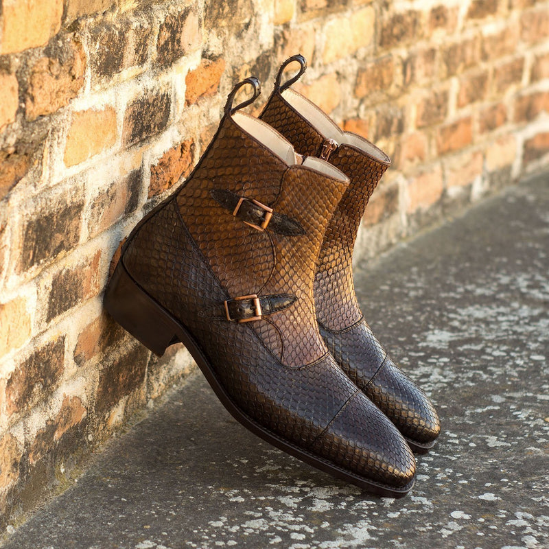 Ambrogio 4617 Bespoke Custom Men's Shoes Two-Tone Brown Exotic Snake-Skin Buckle Boots (AMB1816)-AmbrogioShoes