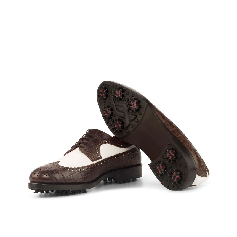 Ambrogio 3732 Bespoke Custom Men's Shoes White & Brown Crocodile Print / Calf-Skin Leather Longwing Blucher Golf Oxfords (AMB1329)-AmbrogioShoes