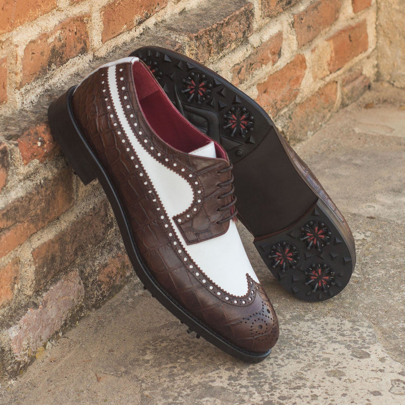 Ambrogio 3732 Bespoke Custom Men's Shoes White & Brown Crocodile Print / Calf-Skin Leather Longwing Blucher Golf Oxfords (AMB1329)-AmbrogioShoes