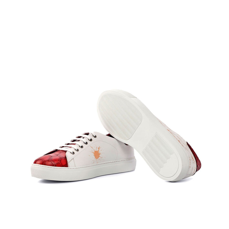 Ambrogio 4557 Bespoke Custom Men's Shoes White, Burgundy & Red Crocodile Print/ Pebble Grain / Calf-Skin Leather Sneakers (AMB1837)-AmbrogioShoes