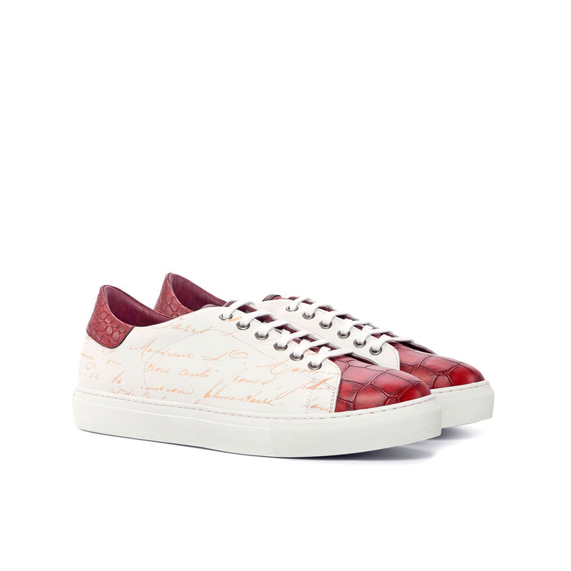 Ambrogio 4557 Bespoke Custom Men's Shoes White, Burgundy & Red Crocodile Print/ Pebble Grain / Calf-Skin Leather Sneakers (AMB1837)-AmbrogioShoes