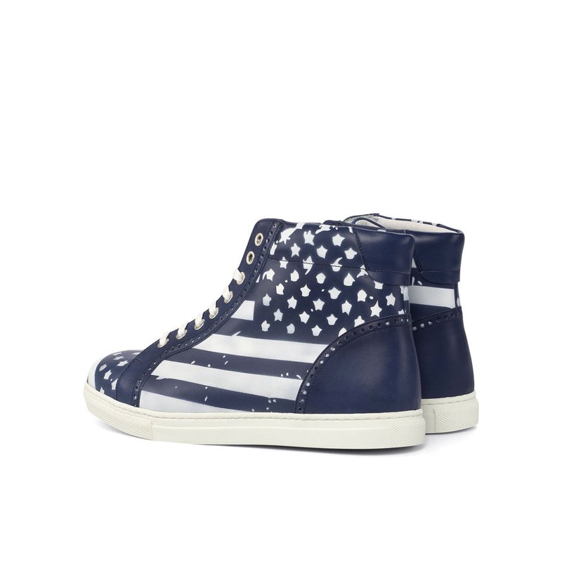 Ambrogio 4458 Bespoke Custom Men's Shoes White & Navy Stencil Calf-Skin Leather High-Top Sneakers (AMB1732)-AmbrogioShoes