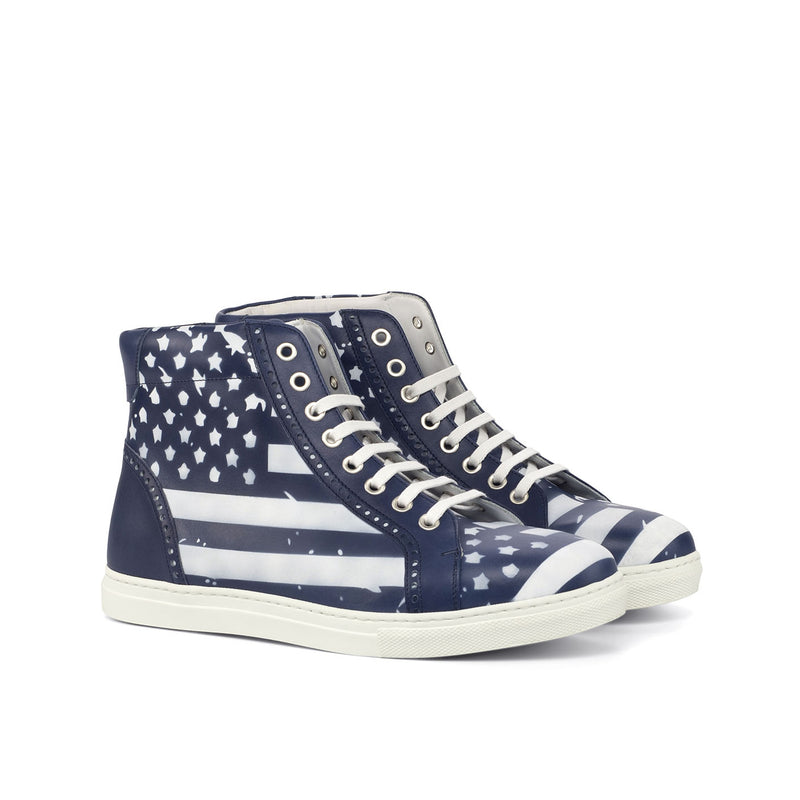 Ambrogio 4458 Bespoke Custom Men's Shoes White & Navy Stencil Calf-Skin Leather High-Top Sneakers (AMB1732)-AmbrogioShoes