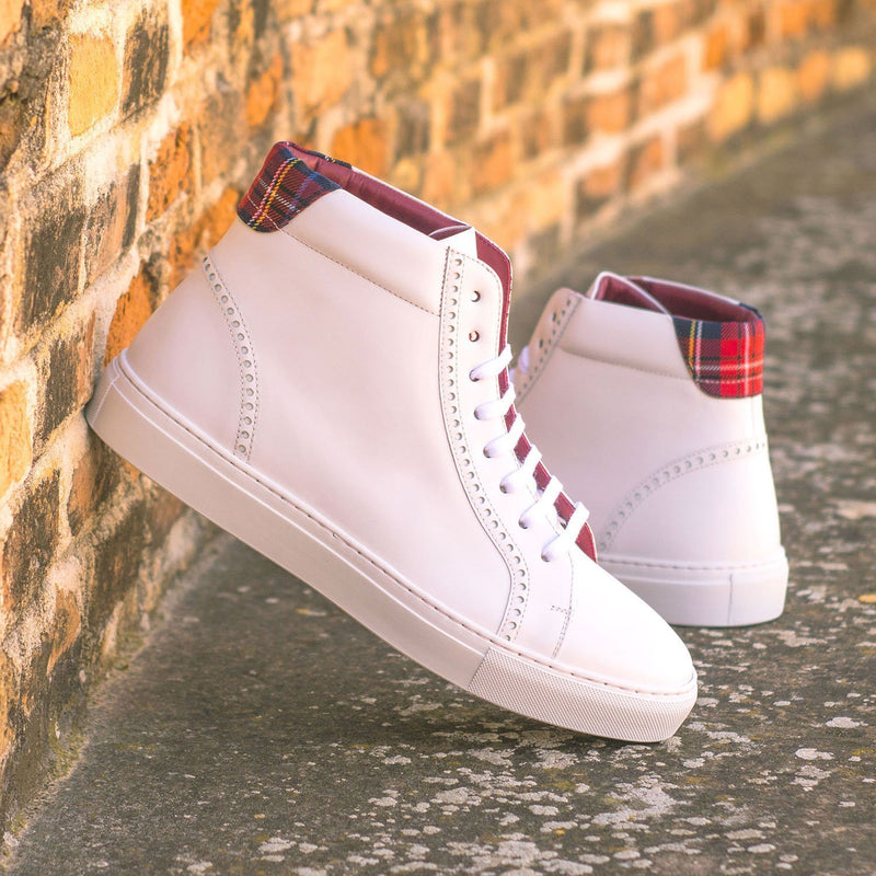 Ambrogio 4589 Bespoke Custom Men's Shoes White & Red Fabric / Calf-Skin Leather High-Top Sneakers (AMB1757)-AmbrogioShoes