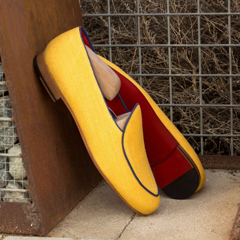 Ambrogio 3664 Bespoke Custom Men's Shoes Yellow Mustard Linen / Calf-Skin Leather Slip-On Loafers (AMB1487)-AmbrogioShoes