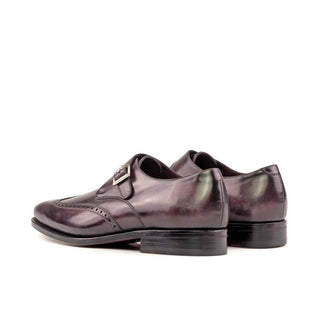 Ambrogio Bespoke Men's Shoes Aubergine Purple Patina Leather Wingtip Monk Strap (AMB2291)-AmbrogioShoes