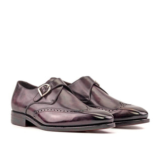 Ambrogio Bespoke Men's Shoes Aubergine Purple Patina Leather Wingtip Monk Strap (AMB2291)-AmbrogioShoes