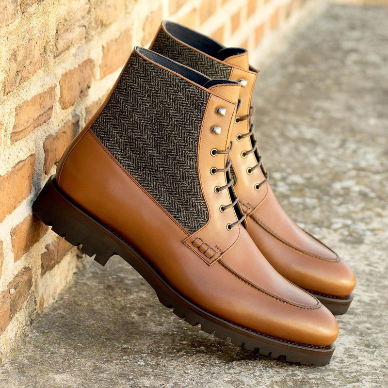 Ambrogio Bespoke Men's Shoes Black & Brown Herringbone Fabric / Calf-Skin Leather Stencil Mocassin Boots (AMB2264)-AmbrogioShoes