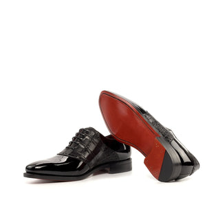 Ambrogio Bespoke Men's Shoes Black Crocodile Print / Patent Leather Formal Saddle Oxfords (AMB2285)-AmbrogioShoes