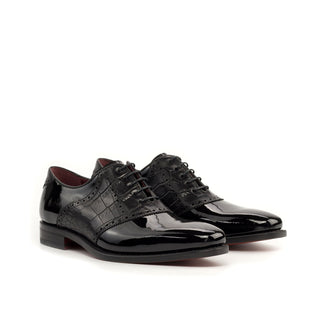 Ambrogio Bespoke Men's Shoes Black Crocodile Print / Patent Leather Formal Saddle Oxfords (AMB2285)-AmbrogioShoes