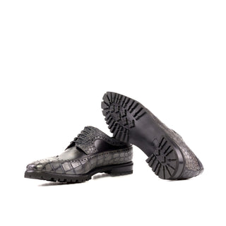 Ambrogio Bespoke Men's Shoes Black & Gray Crocodile Print / Calf-Skin Leather Wingtip Derby (AMB2271)-AmbrogioShoes