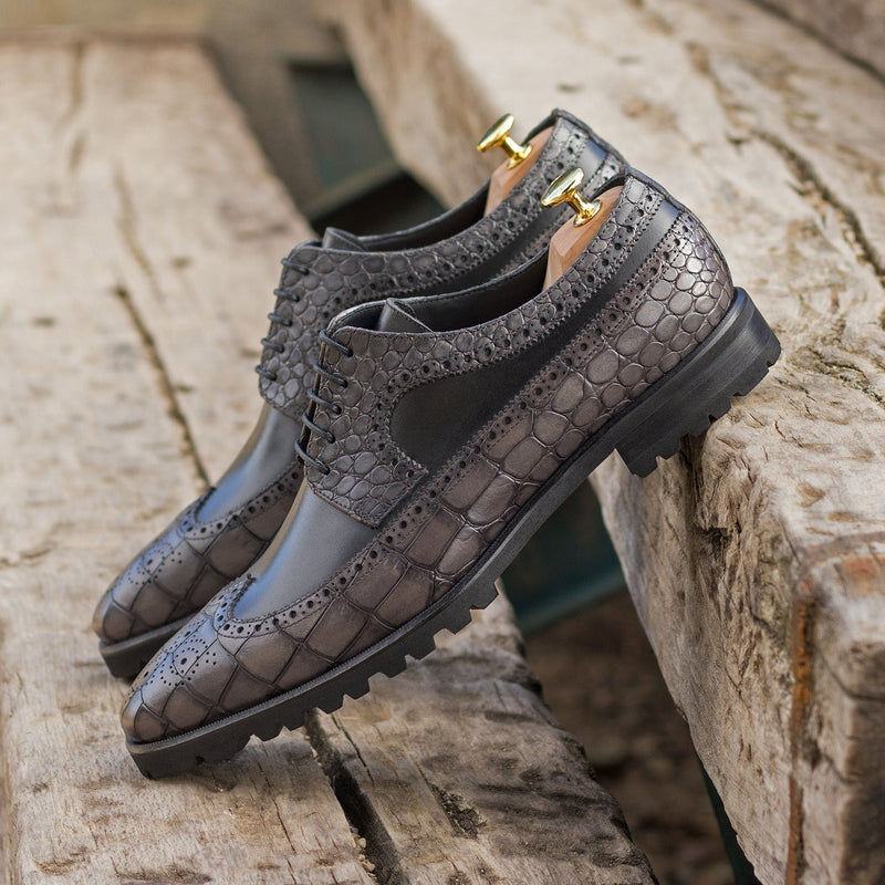 Ambrogio Bespoke Men's Shoes Black & Gray Crocodile Print / Calf-Skin Leather Wingtip Derby Oxfords(AMB2271)-AmbrogioShoes
