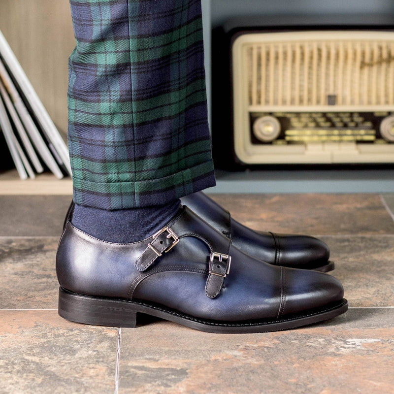 Ambrogio Bespoke Men's Shoes Blue Calf-Skin Leather Cap-Toe Monk-Straps Loafers (AMB2300)-AmbrogioShoes