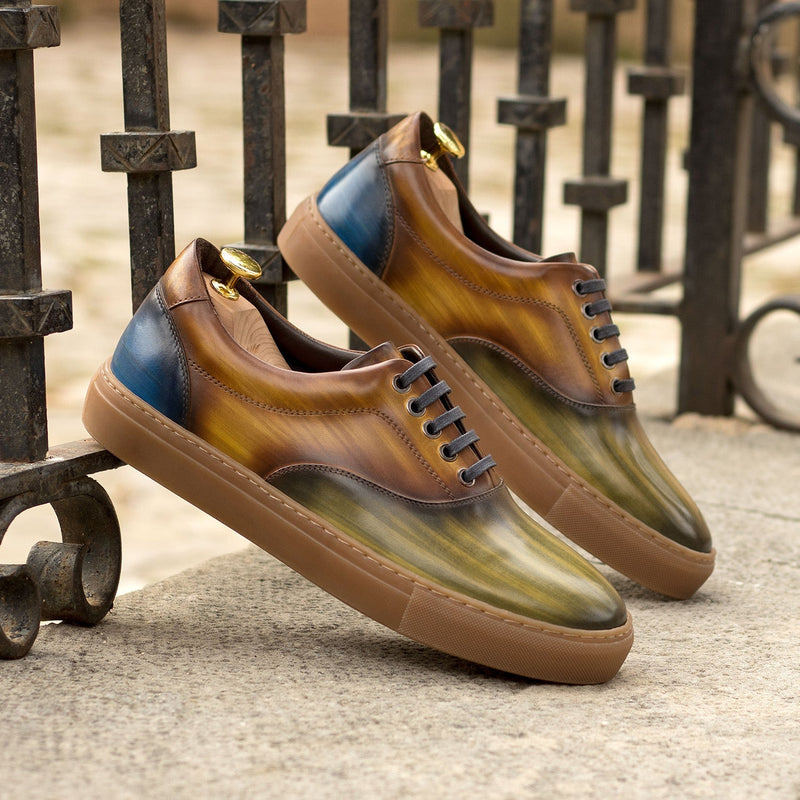 Ambrogio Bespoke Men's Shoes Blue, Green & Cognac Patina Leather Casual Sneakers (AMB2338)-AmbrogioShoes