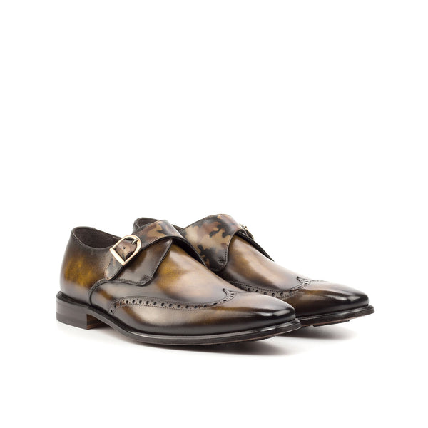 Ambrogio Bespoke Men's Shoes Brown & Camo Patina Leather Monk-Strap Loafers (AMB2378)-AmbrogioShoes