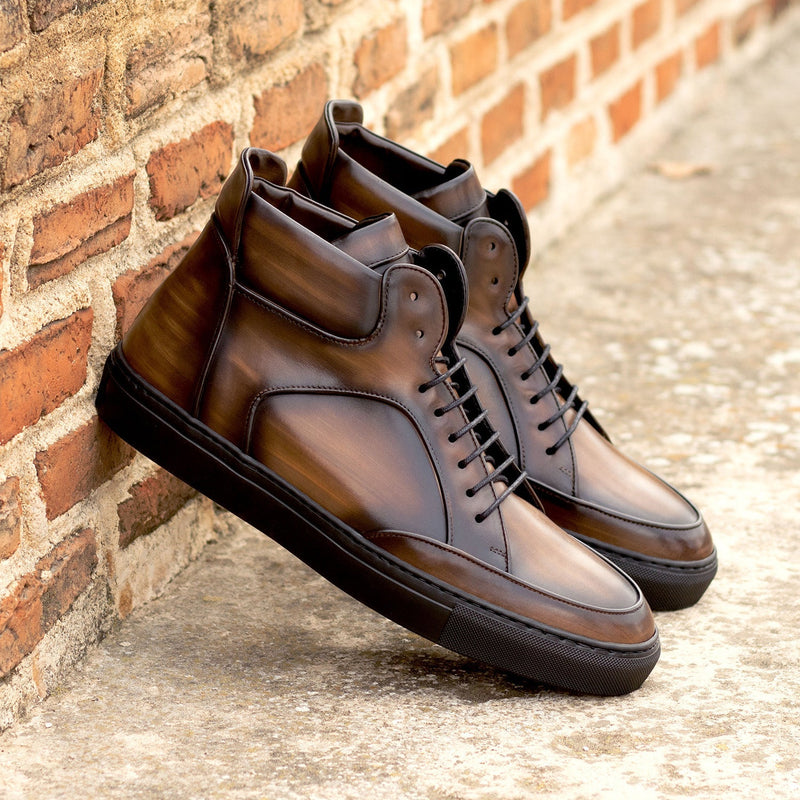 Ambrogio Bespoke Men's Shoes Brown Patina Leather High-Top Sneakers (AMB2247)-AmbrogioShoes