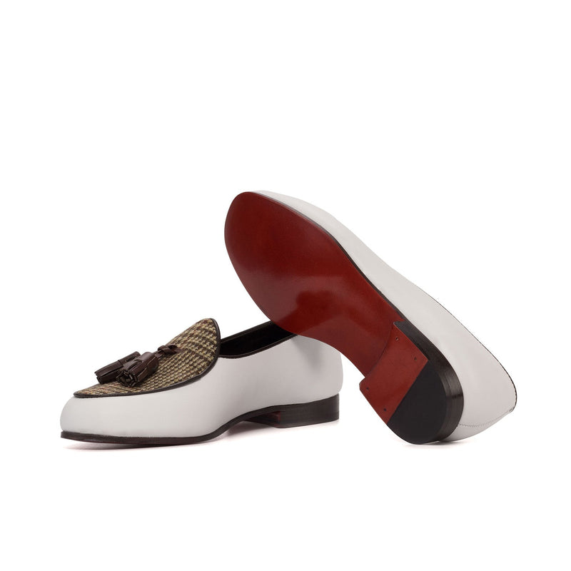 Ambrogio Bespoke Men's Shoes Brown & White Calf-Skin Leather / Fabric Tassels Belgian Slipper (AMB2283)-AmbrogioShoes