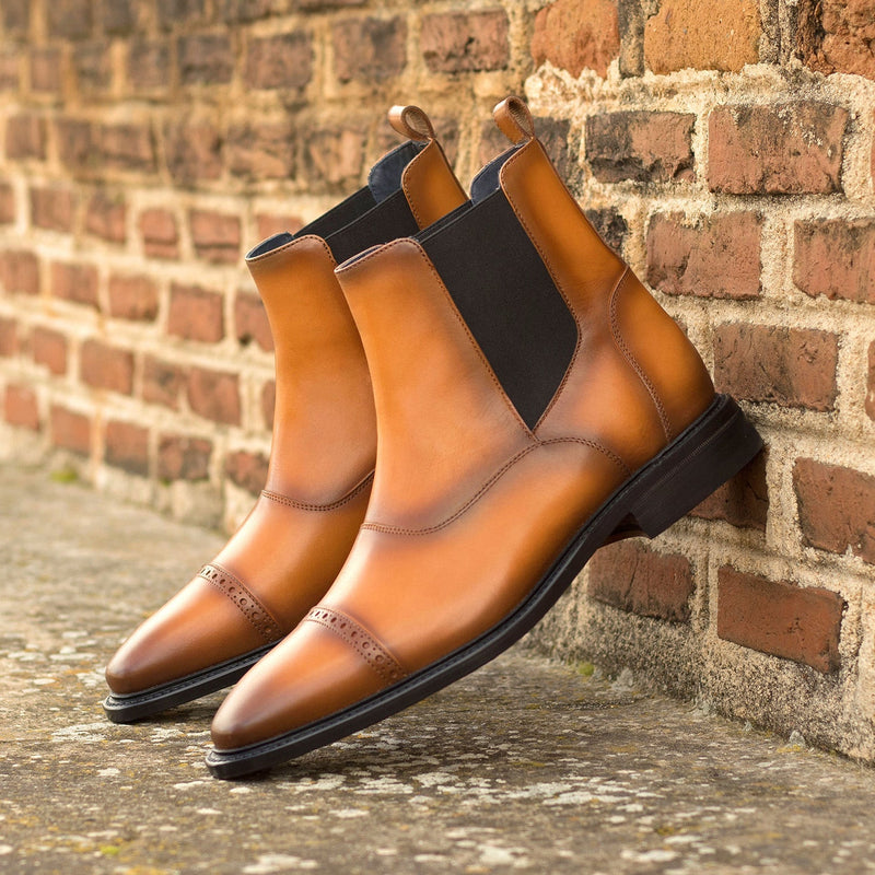 Ambrogio Bespoke Men's Shoes Cognac Calf-Skin Leather Chelsea Boots (A AmbrogioShoes
