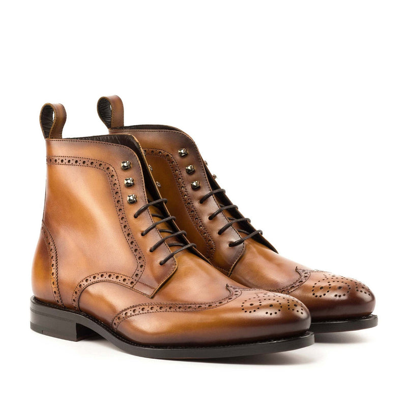 Ambrogio Bespoke Men's Shoes Cognac Calf-Skin Leather Military Brogue Boots (AMB2329)-AmbrogioShoes