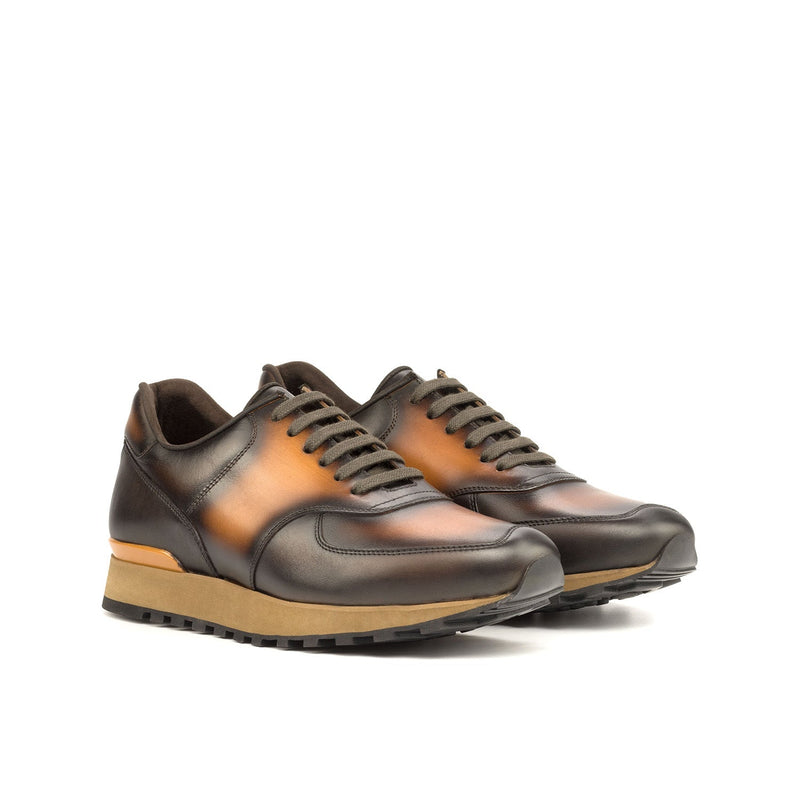 Ambrogio Bespoke Men's Shoes Cognac & Dark Brown Calf-Skin Leather Jogger Sneakers (AMB2245)-AmbrogioShoes