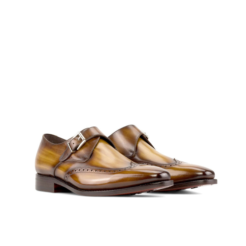 Ambrogio Bespoke Men's Shoes Cognac Patina Leather Wingtip Monk-Strap Loafers (AMB2302)-AmbrogioShoes