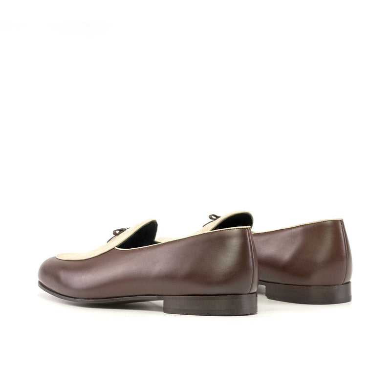 Ambrogio Bespoke Men's Shoes Cream & Dark Brown Linen & Calf-Skin Leather Belgian Loafers (AMB2336)-AmbrogioShoes
