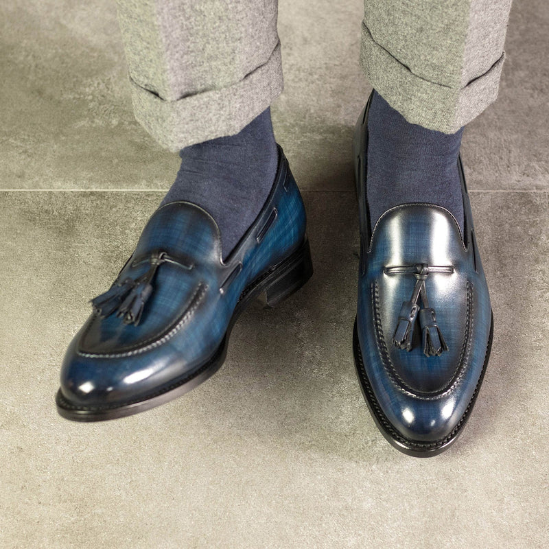 Ambrogio Bespoke Men's Shoes Denim Patina Leather Tassels Loafers (AMB2326)-AmbrogioShoes