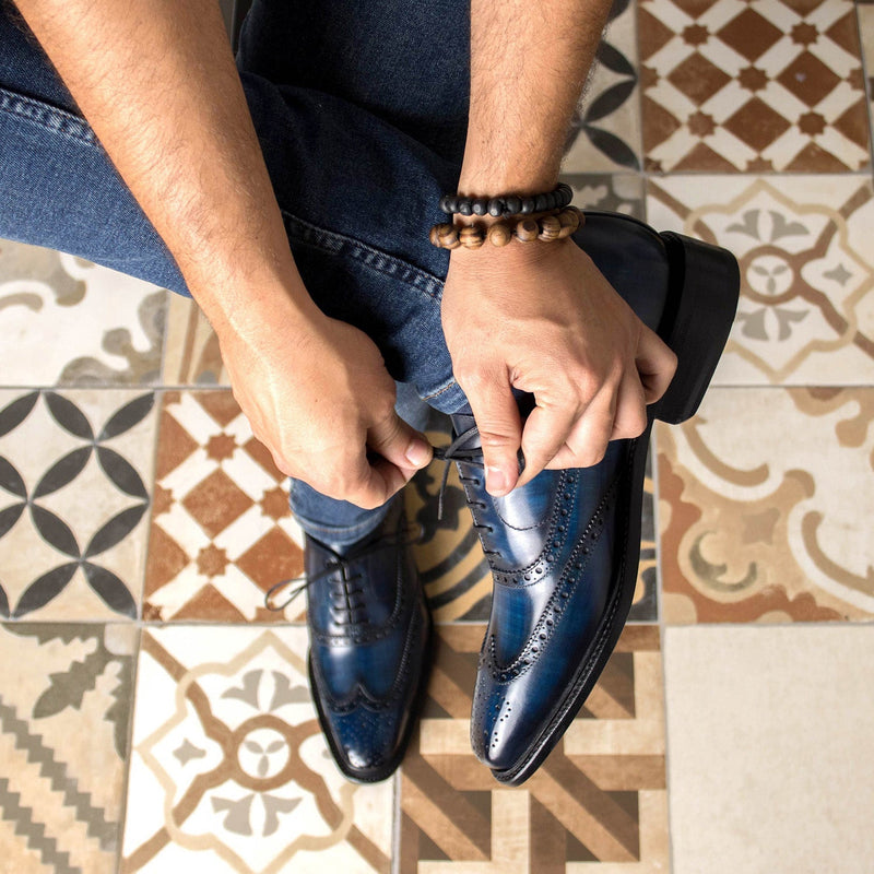 Ambrogio Bespoke Men's Shoes Denim Patina Leather Wingtip Oxfords (AMB2364)-AmbrogioShoes