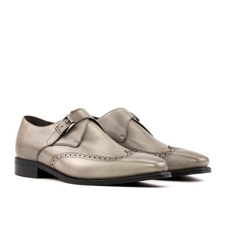 Ambrogio Bespoke Men's Shoes Gray Calf-Skin Leather Wingtip Monk Strap (AMB2290)-AmbrogioShoes