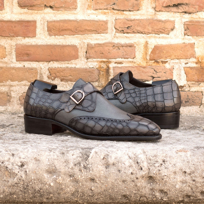 Ambrogio Bespoke Men's Shoes Gray Crocodile Print / Calf-Skin Leather Monk-Strap Loafers (AMB2337)-AmbrogioShoes