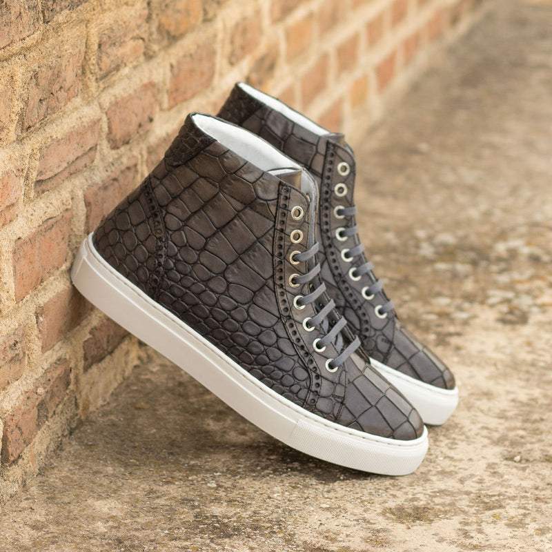 Ambrogio Bespoke Men's Shoes Gray Crocodile Print Leather Casual High-Top Sneakers (AMB2234)-AmbrogioShoes