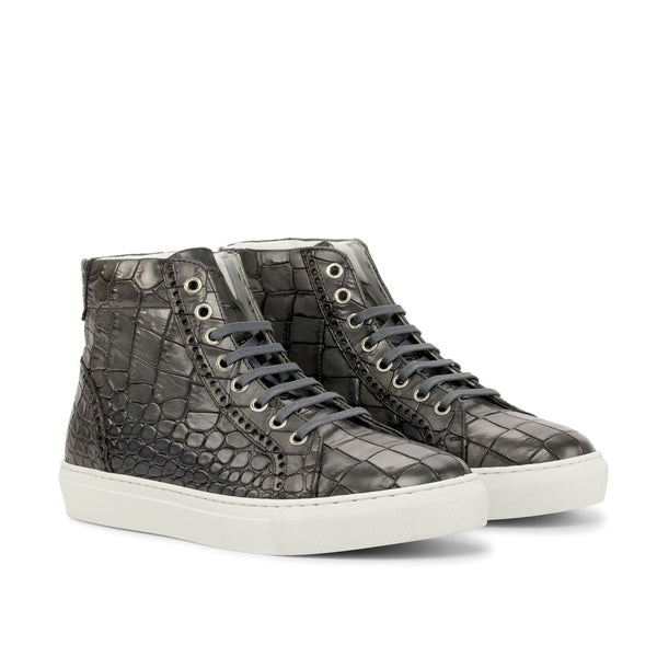 Ambrogio Bespoke Men's Shoes Gray Crocodile Print Leather Casual High-Top Sneakers (AMB2234)-AmbrogioShoes