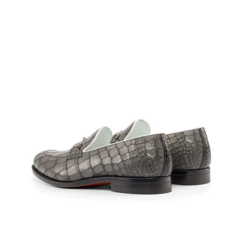 Ambrogio Bespoke Men's Shoes Gray Crocodile Print Leather Dress Horsebit Loafers (AMB2233)-AmbrogioShoes