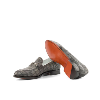 Ambrogio Bespoke Men's Shoes Gray Crocodile Print Leather Dress Horsebit Loafers (AMB2233)-AmbrogioShoes