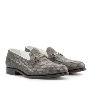 Ambrogio Bespoke Men's Shoes Gray Crocodile Print Leather Horsebit Loafers (AMB2233)-AmbrogioShoes