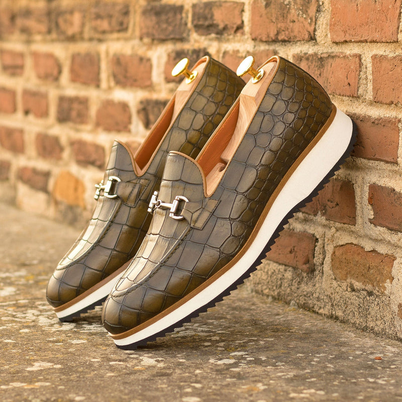 Ambrogio Bespoke Men's Shoes Olive Crocodile Print Leather Horsebit Loafers (AMB2273)-AmbrogioShoes