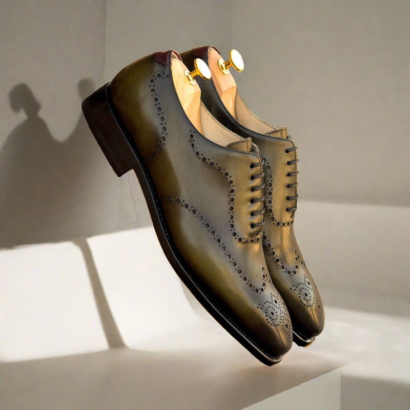 Ambrogio Bespoke Men's Shoes Olive Calf-Skin Leather Whole-Cut Oxfords (AMB2427)-AmbrogioShoes