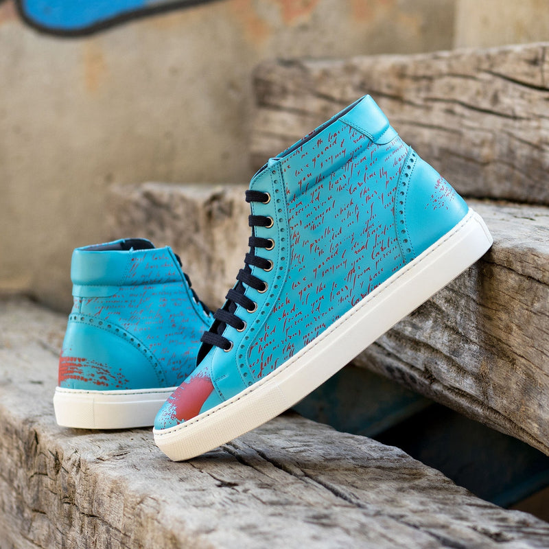 Ambrogio Bespoke Men's Shoes Turquoise Stencil Calf-Skin Leather High-Top Sneakers (AMB2421)-AmbrogioShoes